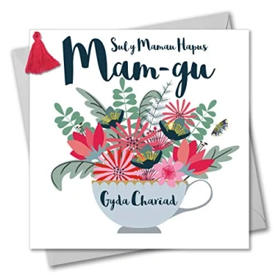 Image of Claire Giles Tassel Embellished Welsh Language Mother&#039;s Day Greeting Card, Granny, Teacup and Flowers, Happy Day, with Love, Sul y Mamau Hapus Mam gu, Gyda Chariad