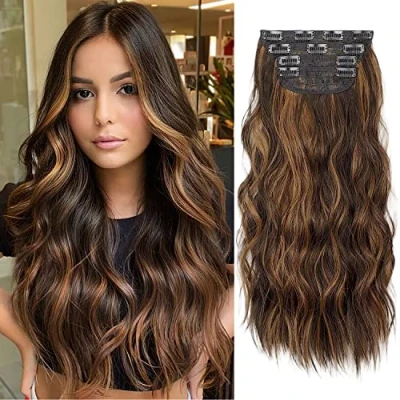 Image of 4PCS Brown Hair Extensions Clip in, Curly Synthetic in Extension, 20 Inches Long for Women Wavy Pieces Full Head (Chestnut mix Dark Yellow, 4pcs)