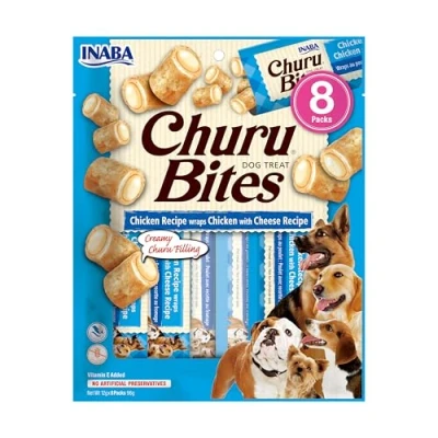 Image of Churu Bites by INABA Dog Treat Chicken &amp; Cheese Flavour (8 x 12g) / Crispy Pouches with Creamy Filling Treat, Delicious Healthy Snack for Dogs, Training Natural, Grain Free