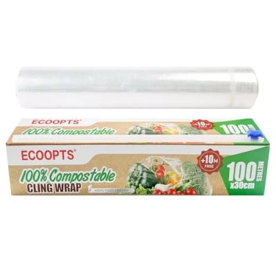 Image of ECOOPTS 100% Compostable Cling Film with Slide Cutter Free from BPA&amp;Biodegradable Microwave &amp; Freezer Safe Wrap 30cm x110m