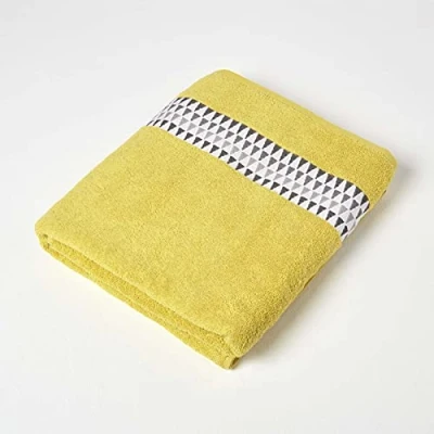 Image of HOMESCAPES Geometric Pattern Ochre Bath Sheet 100% Cotton Super Absorbent &amp; Soft Extra Large Yellow Towel with Retro Design