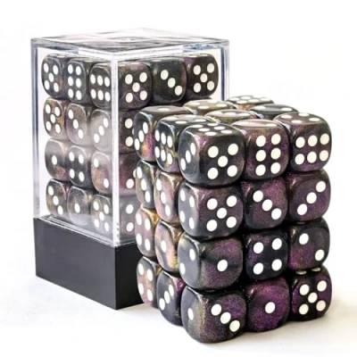 Image of Bescon Moonstone 12mm 6 Sided Dice 36 in Brick Box, Semi Translucent Black D6 with Purple Shimmery, Six Die (36) Block of