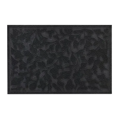 Image of Relaxdays Leaf Pattern Natural Rubber Doormat, 60 x 40 cm, Door Mat Inside &amp; Outside, Non Slip Bottom, Black