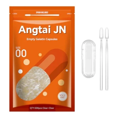 Image of Angtai JN Empty Capsules Size 00 Clear Gelatin (500 Count) with Two Miro Lab Spoons Gel DIY Pure Bovine Capsule Filling Kosher, Gluten Free Non GMO Certified