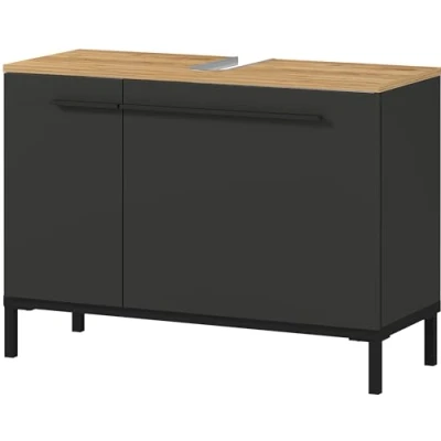 Image of Germania Washbasin vanity unit 2670 549 GW YONKERS, in graphite/Navarra oak repro, with siphon cut out, 80 x 59 34 cm (WxHxD)