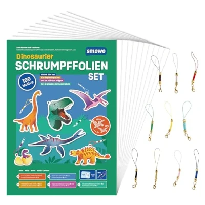 Image of Smowo® 10 Dinosaur Shrink Films with Key Fob Dino Craft Set T Rex &amp; More Shrinking Plastic 100 Designs for Boys and Girls