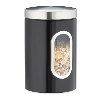 Image of Relaxdays Set of 4 Storage Canisters, Lid, Window, 1.4 L, for Coffee, Kitchen Pantry Container, Jar, Metal, Black