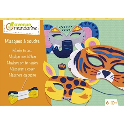 Image of Avenue Mandarine Ref KC135C Creative Box Animal Masks in Felt to Sew 1 Giraffe Mask, Elephant Tiger Needle, 3 Balls of Thread, Suitable for Ages 6+