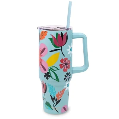 Image of kate spade new york 40 Ounce Tumbler with Handle and Straw, Double Wall Stainless Steel Insulated Tumbler, Cupholder Friendly oz Cup, Metal for Hot or Cold Drinks (Safari Floral)