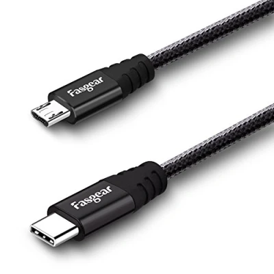 Image of Fasgear USB C to Micro Cable [30cm] Nylon Braided Type Cord Compatible with Galaxy S7/S7, HTC One/10 and More (Black, 1ft)