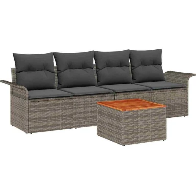 Image of vidaXL 5 Piece Garden Sofa Set with Cushions Grey Poly Rattan Acacia