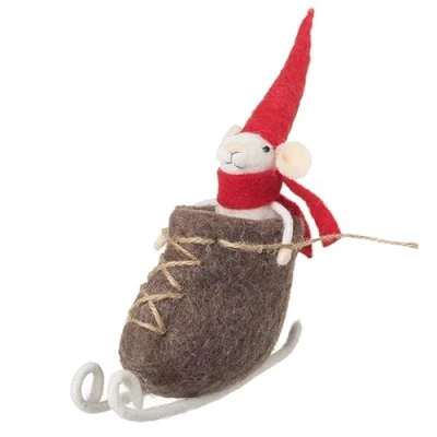 Image of Heaven Sends Wool Mouse Skiing in Ice Skate Christmas Decoration 14x7x17cm Quirky for Home Festive Decor Gift Idea