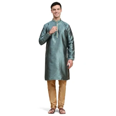 Image of SKAVIJ Men&#039;s Embroidered Kurta Pajama Set Jacquard Silk Ethnic Motifs 2 Piece Green_Small