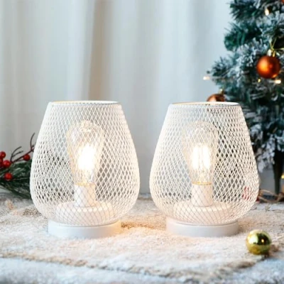 Image of JHY DESIGN Set of 2 Metal Cage LED Lanterns Battery Powered Cordless Accent Light with Great for Weddings Parties Patio Events Indoors Outdoors(White)