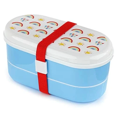 Image of Puckator Somewhere Rainbow Reusable Bento Lunch Box, 3 Stacked Compartments Spoon &amp; Fork, Elastic Strap, BPA Free PVC, School Work Picnic Camping Festival, 8.5x17x9cm