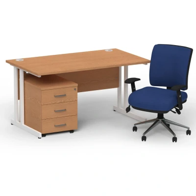 Image of Impulse 1400 White Cant Desk Oak + 3 Dr Mobile Ped &amp; Chiro Blue