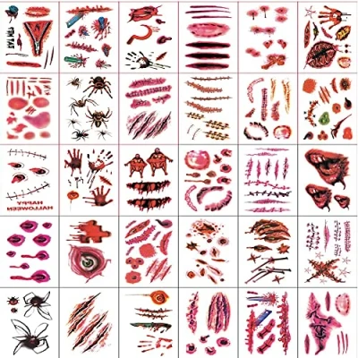 Image of HUPOO 30 Sheets 3D Halloween Temporary Makeup Tattoos Fake Scars Bloody Scar Waterproof Blood Sticker Realistic Wound Horror Body Face Decals Prank Props for Cosplay Party Supplies Props, 5.7*9.7CM