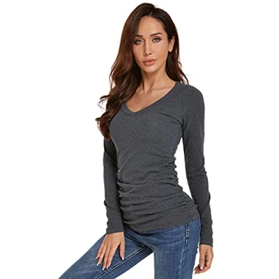 Image of AmélieBoutik Women V Neck Raglan Long Sleeve Ruched Sides Top (Dark Grey Small 8/10)