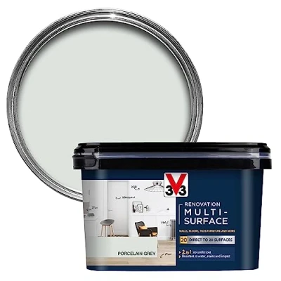Image of V33 Renovation Multi Surface Paint No Undercoat Needed Over 20 Surfaces Resistance To Water Stains &amp; Impact High Coverage Porcelain Grey 2 Litres