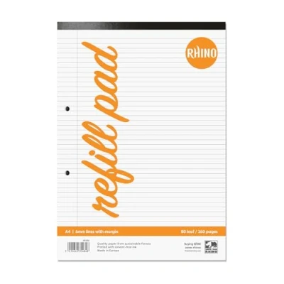 Image of RHINO A4 Refill Pad, Writing 160 Page / 6mm Lined with Margin, 1 Pack, White Hole Punched Top Binding Paper, Office &amp; School Stationery Supplies