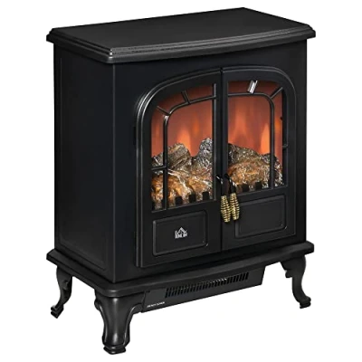 Image of HOMCOM Electric Fireplace Stove Heater with LED Fire Flame Effect, Double Door, Freestanding &amp; Portable Overheat Protection, 1000W/2000W, Black