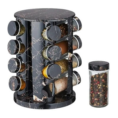 Image of Relaxdays Spice Carousel with 16 Jars Shaker Insert Rotating Refillable Bar Marble Effect Black