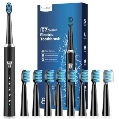Image of Sonic Electric Toothbrush for Adults and Kids Rechargeable with 8 Brush Heads, 120 Days of Use 3 Hour Fast Charge, 5 Modes 2 Minutes Built in Smart Timer, Gift Family