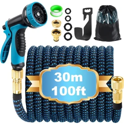Image of Expandable Garden Hose Pipe 30m 100ft, Hosepipes for Water with 10 Functions Spray Gun, 3/4&quot; 1/2&quot; Connector, Expanding Magic Retractable Flexible Gardening Car Washing