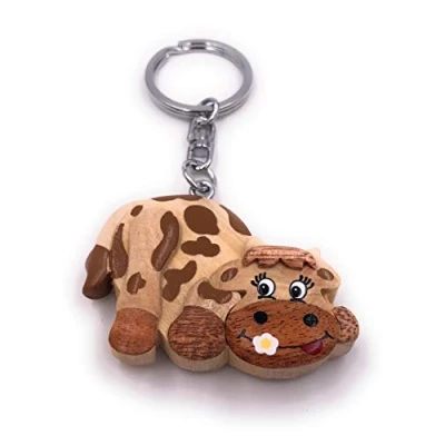 Image of H Customs Lying Cow Wood Farm Animal Precious Handmade Key Chain Pendant