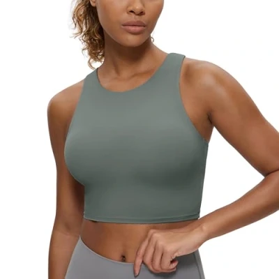Image of CRZ YOGA Women&#039;s Butterluxe Racer Back Padded Sports Bra High Neck Longline Crop Top Gym Workout Tank Tops with Built in Grey Sage 16