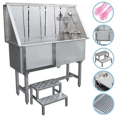Image of Dog Bath Professional Commercial Stainless Steel Pet Grooming Station 400mm Extra Large Heavy Duty Metal Wash Tub Business Salon Groomer Walk In Shower With Mixer Tap, Drainage Kit and FREE Gloves