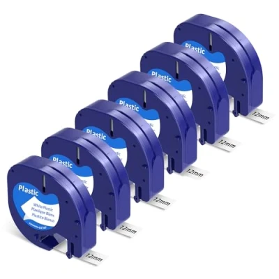 Image of Doruimi Compatible with DYMO Letratag Plastic Label Maker Refills Black on White Tape, 91201 S0721610 12mm x 4m Self Adhesive Labels, Work LT 100H 100T QX50 XR 200B, 6 Pack