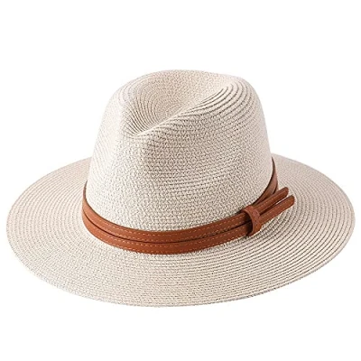 Image of Nemeaii New Natural Panama Soft Shaped Straw Hat Summer Women/Men Wide Brim Beach Sun Cap UV Protection Fedora Beige