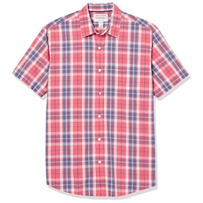Image of Amazon Essentials Men&#039;s Regular Fit Short Sleeve Poplin Shirt, Washed Red Windowpane, XL