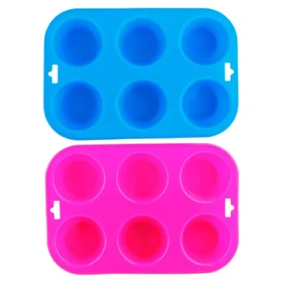Image of Selecto Bake 6 Cup Silicone Bun/Muffin Mould Cupcake Yorkshire Pudding Non Stick Tray Baking Blue, Pink Pack of 2