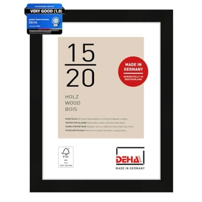 Image of DEHA Design Fontana Photo Frame 6x8, Wooden Picture 15x20cm, Black with Protective Acrylic Glazing and Push Turn Clips