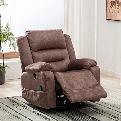 Image of Merax Electric Lift Chair with USB Port,Padded Seat, Modern Upholstered Reclining Massage Armchair Heat and Vibration Experience Ultimate Comfort for Elderly, Fabric, Brown, 87x85x107cm