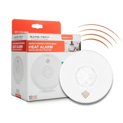 Image of SAFE TECH Mains Powered Heat Alarm, Hardwired Interconnected Alarms with 10 Years Tamperproof Backup Battery, Wireless Alarm Advanced Thermistor, for Kitchen
