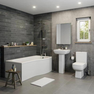 Image of Ceramica P Shaped Bath Bundle 1700 Right Inc. Shower Screen with Rail and Front &amp; End Panel