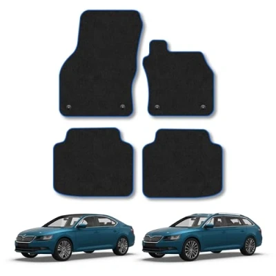 Image of Car Mats Compatible with Skoda Superb (2015 ) Tailored Fit Blue Carpet Floor Set Accessory Custom 4 Pieces Anti Slip Backing &amp; Binding Trim Edge
