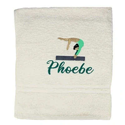 Image of TeddyTs Personalised Embroidered Name Gymnastics Cream and Green Towel
