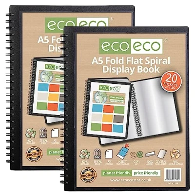 Image of eco A5 50% Recycled 20 Pocket Fold Flat Spiral Bound Display Book, Pack of 2, eco136x2