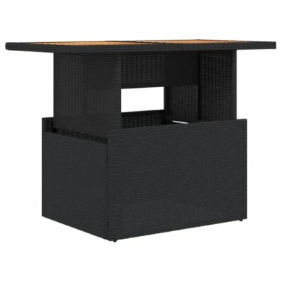 Image of vidaXL Poly Rattan Garden Table Black Outdoor Dining/Coffee with Adjustable Acacia Wood Top, Powder Coated Steel Frame
