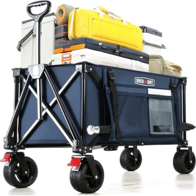 Image of Overmont Festival Camping Folding Trolley All terrain Extra Wide Wheels with 330lbs Capacity Heavy Duty Beach Wagon Cart for Garden, Shopping Adjustable Handle &amp; Drink Holders Blue