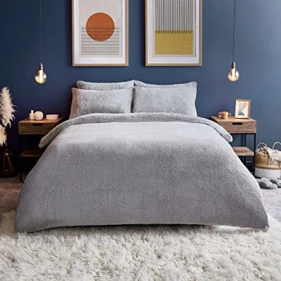 Image of Silentnight Teddy Fleece Duvet Set Bear Bedding Fluffy Cover and Pillowcase Warm Cosy Super Soft Double 200x200cm Silver Grey