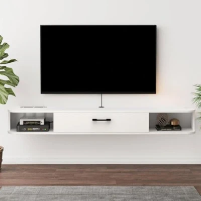 Image of Pmnianhua Floating TV Unit, Wall Mounted Cabinet, Shelves with Drawer, Modern Entertainment Media Console Center Large Storage Bench for Living Room &amp; Office (180cm, White)