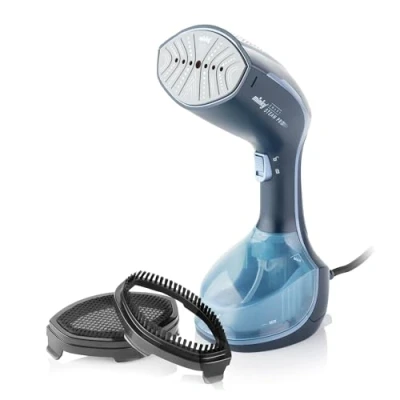 Image of Minky Handheld Garment Steamer, Steam Pro+ Range, Clothes Steamer Handheld, Travel Iron, 250ml Water Tank, 30 Second Fast Heat Up Time, 1500W, 2 in 1 Fabric and Lint Brush, Blue