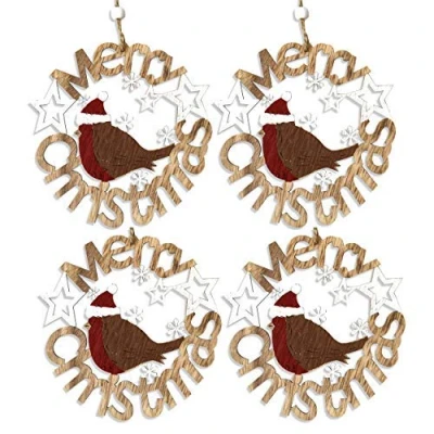 Image of by Robelli Shabby Chic Wooden Christmas Tree Hanging Pendant Baubles Decorations (4 x 14cm Xmas Robin Wreath)
