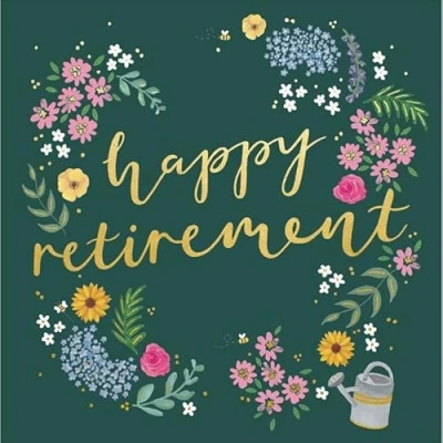 Image of Woodmansterne General Female Retirement Congratulations Card Floral Border &amp; Watering Can with Gold Foil Eco Friendly Recyclable