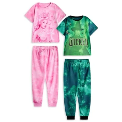 Image of Wicked Girls Pyjama Set Pack of 2 Kids Pink &amp; Green Glinda Elphaba Character Graphic Print Short Sleeve Top Long Leg PJ Bottoms Childrens Witch Logo Nightwear Movie Merchandise Gift